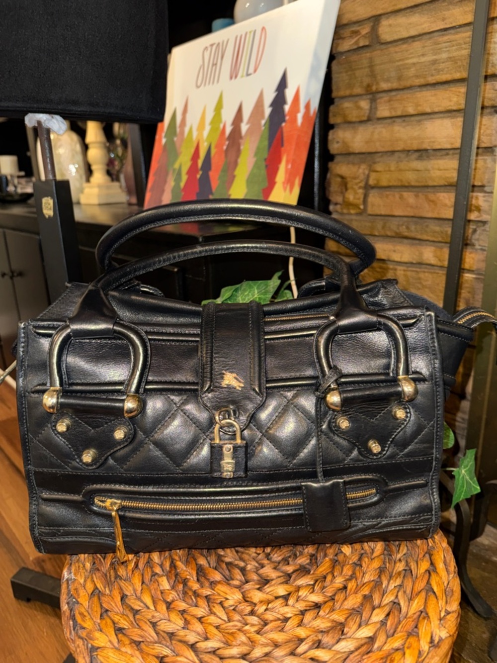 Burberry Large Black Quilted Satchel Handbag with Gold Hardware